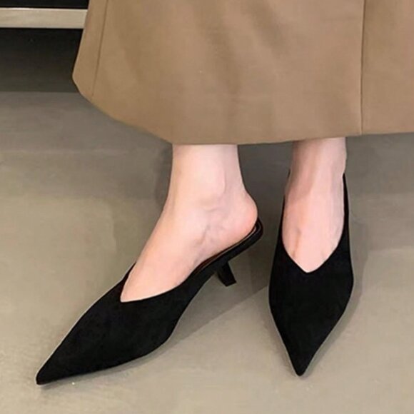 Black Preppy Women's High Heel Pointed Toe Mule Sandals - Picture 3 of 4